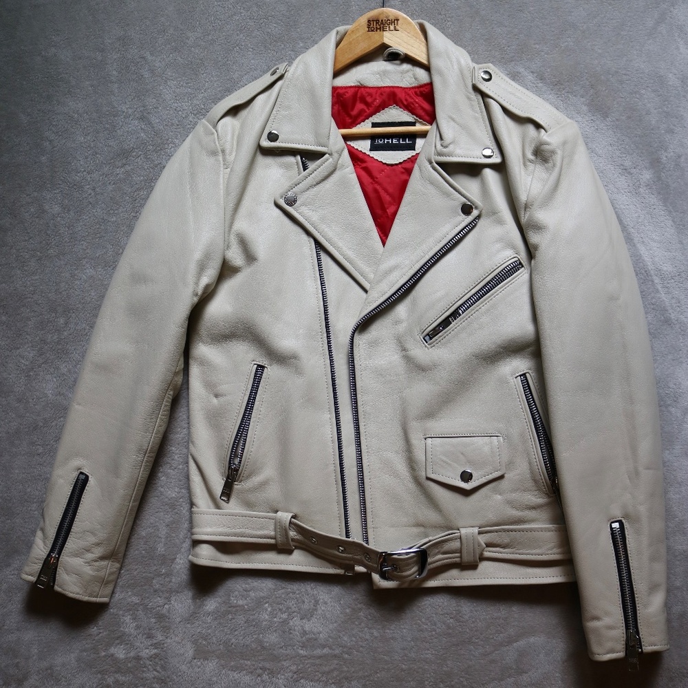 Straight To Hell Commando Premium White Leather Jacket w/ Red Lining Men’s 42